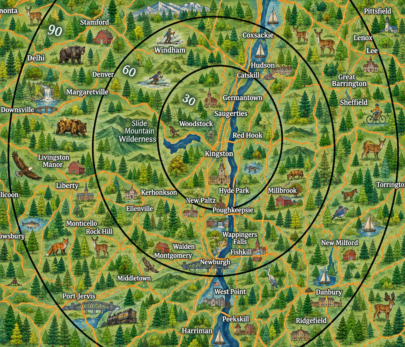 Map of the Hudson Valley showing venues within 30, 60, and 90 minutes of Kingston, NY